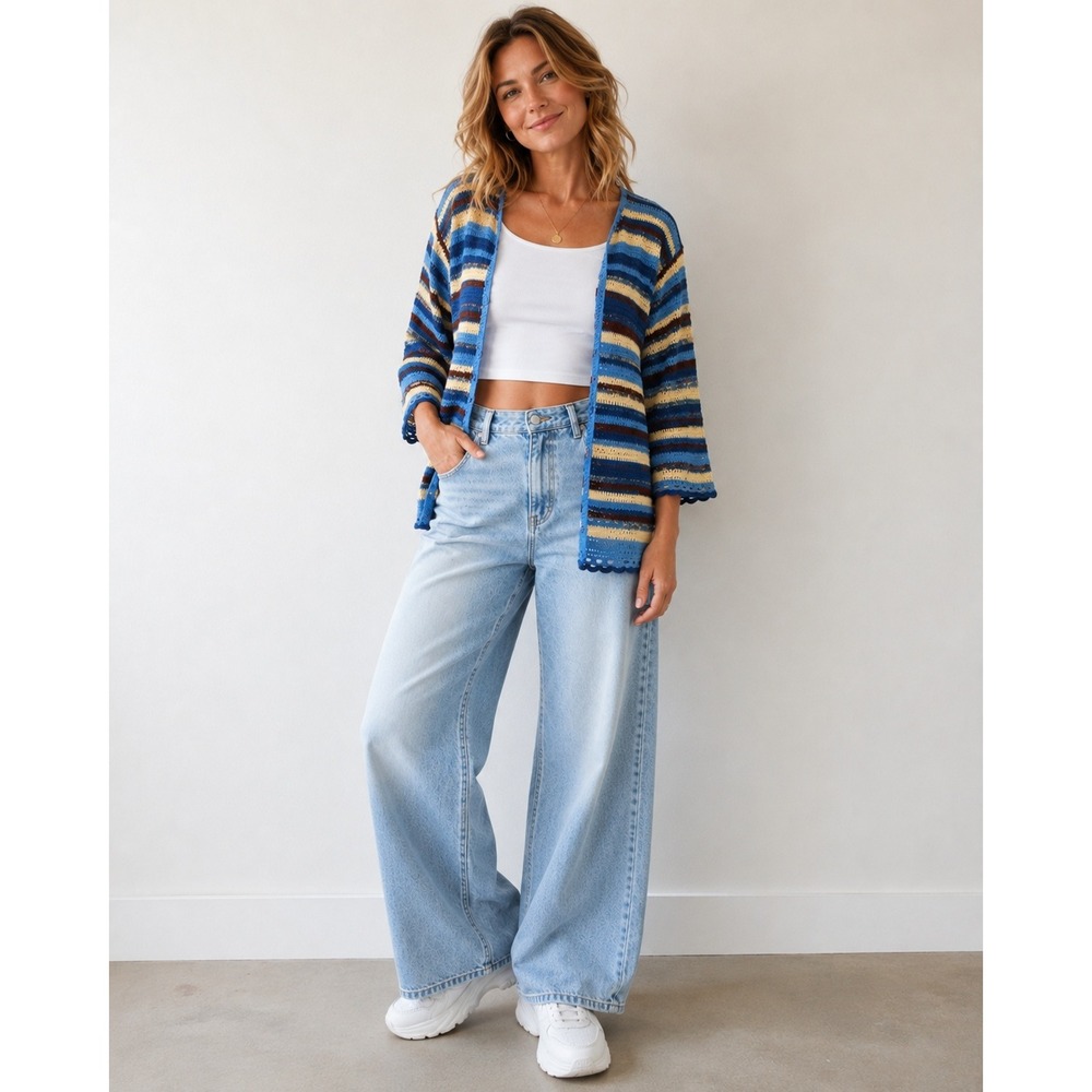 Villager Sport Woman Liz Claiborne Crochet Cardigan Blue Stripe Size 3 NWT